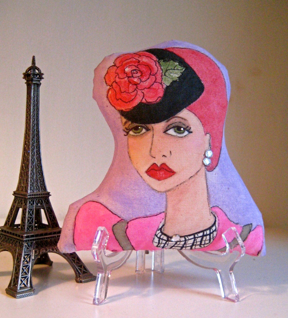 PARIS GIRL MANON  Shaped Hand Painted Pillow with Quote  (Ooh la la)/ Decorative Novelty Pillow Under  40 Dollars