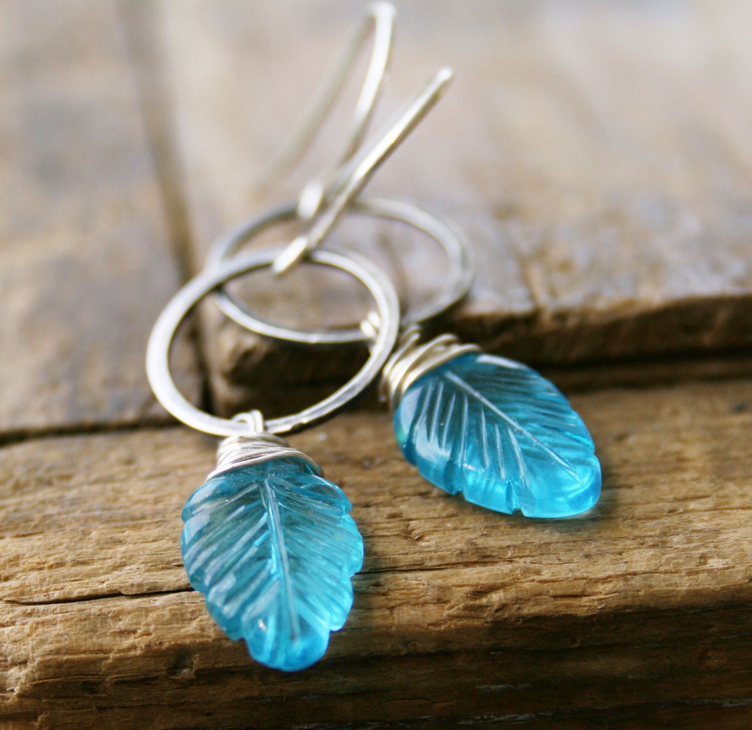 Swiss Blue Quartz Carved Leaves wire wrapped sterling silver earrings Modern Seven jewelry