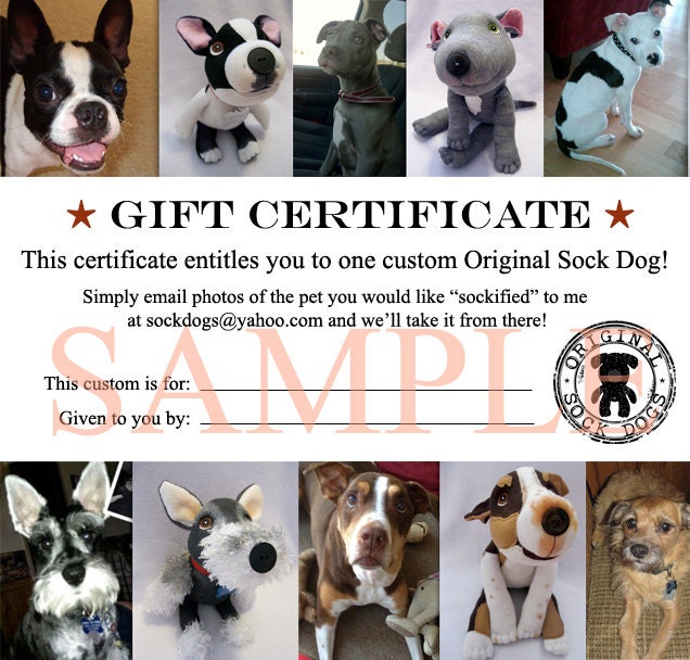 Gift Certificate for One Custom Original Sock Dog