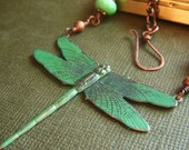 Dragonfly Patina Necklace on Aged Copper . Verdigris Hand Patina with Chrysoprase . Garden Visitor