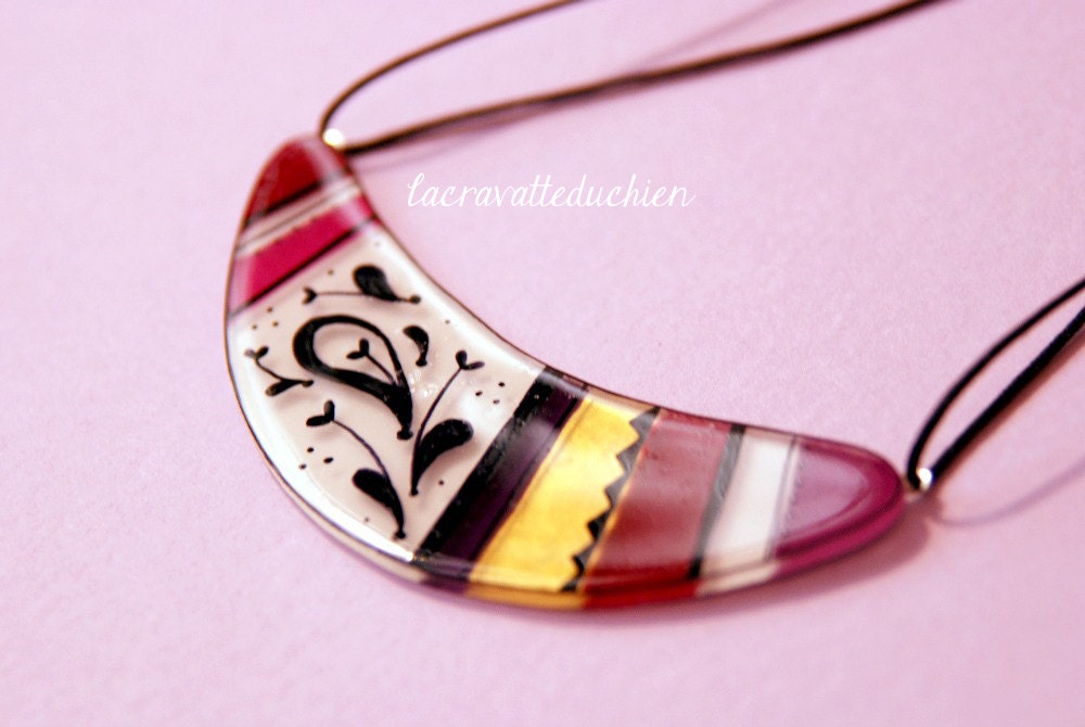 boomerang necklace, purple gold bib necklace, illustrated jewelry, statement necklace