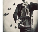 Fine Art Photograph, The Butterfly Releaser, 10x10 Print, Whimsical, Enchanting Portrait, Black and White, Female Figure