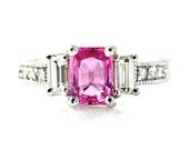 14K Pink Sapphire Ring 3 Stone Engagement Ring Emerald Cut Pink Sapphire Diamond 18K Platinum Custom Bridal Jewelry