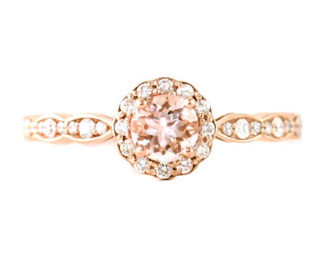 14K Rose Gold Morganite Engagement Ring Morganite Ring Diamond Halo 14K 18K Platinum Palladium Custom Bridal Jewelry