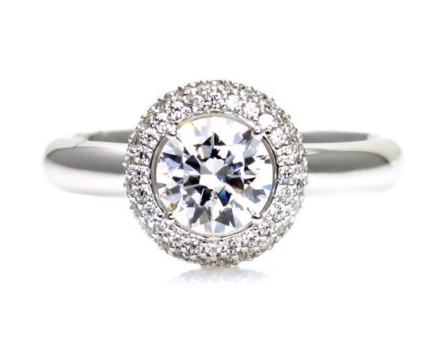 Pave Diamond Halo White Sapphire Engagement Ring Sapphire Ring Custom ...