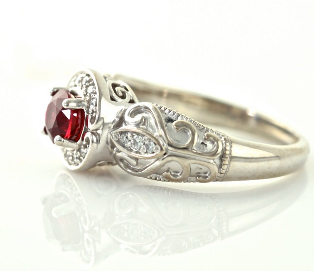 14K Vintage Ruby Ring Diamond Halo Ruby Engagement Ring Custom Art Nouveau 14K White Yellow Gold Platinum Bridal Jewelry