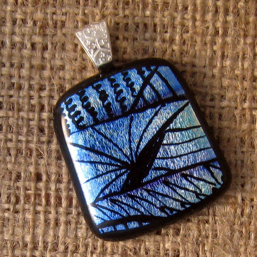 Etched Dichroic Pendant, Fused Glass Pendant, Blue Dichroic Pendant