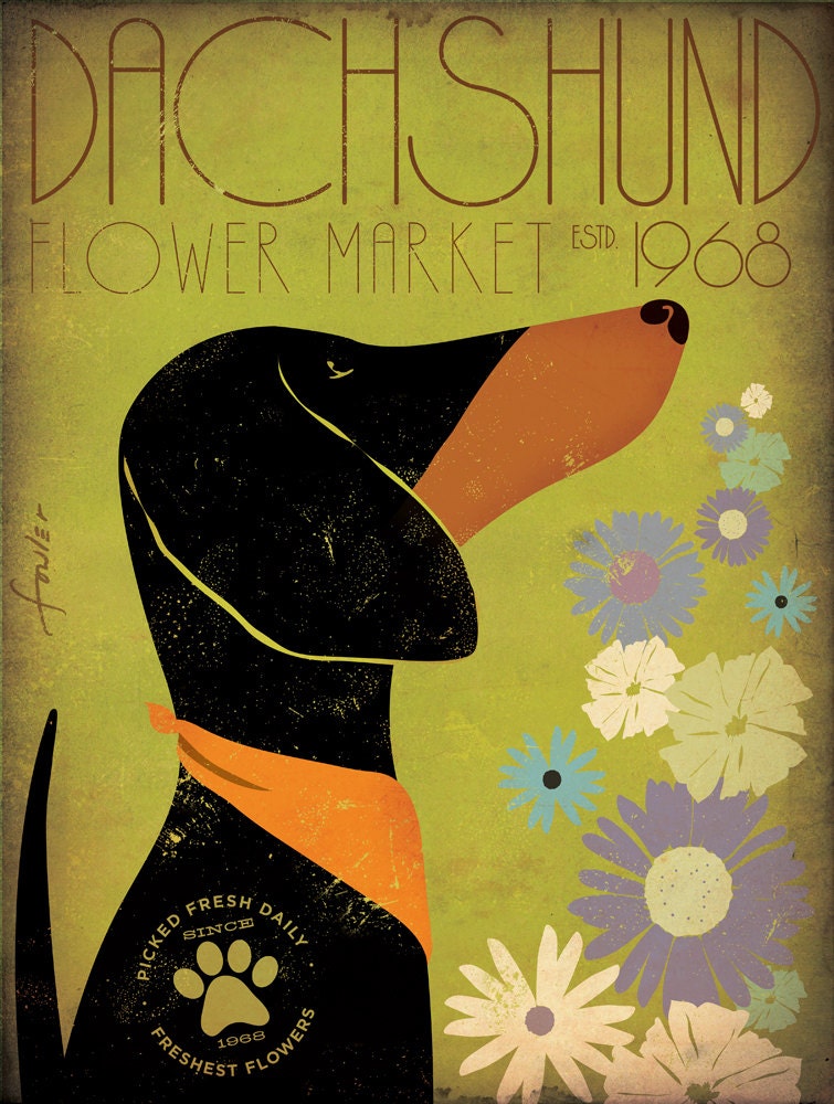DACHSHUND farmers market flowers graphic illustration on canvas 12 x 16 by stephen fowler