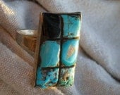 Turquoise and Onyx Mosaic Ring Hand Wrought Biker Art Jewelry OOAK and unique