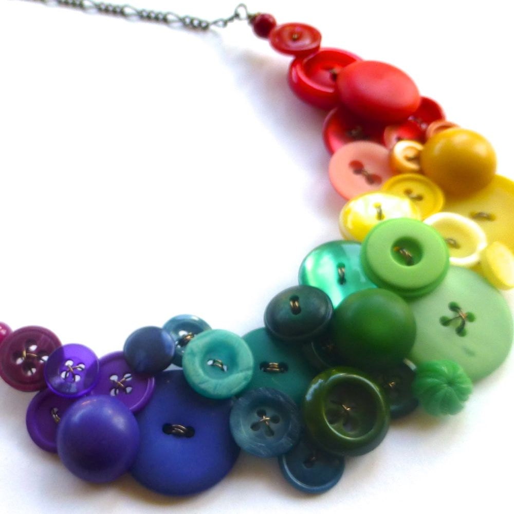 Huge Button Bib Statement Necklace - Bold Bright Colorful Rainbow