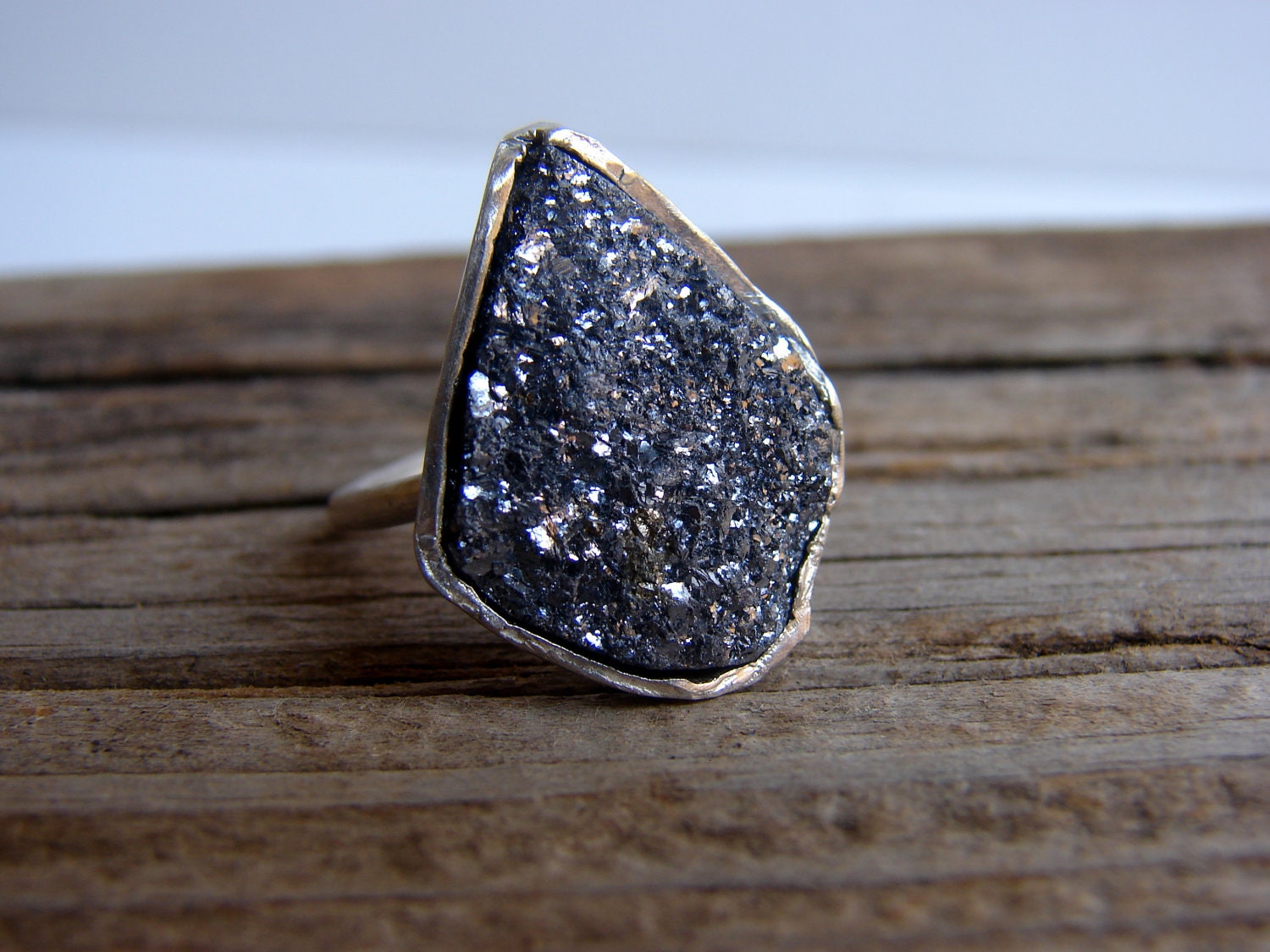 Silver Druzy Ring - Stone Ring Galena Gemstone Cocktail Ring