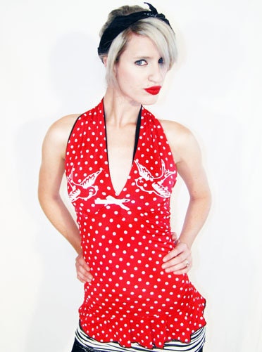 SALE Rockabilly Diva polka dot & swallow print ruffle halter top