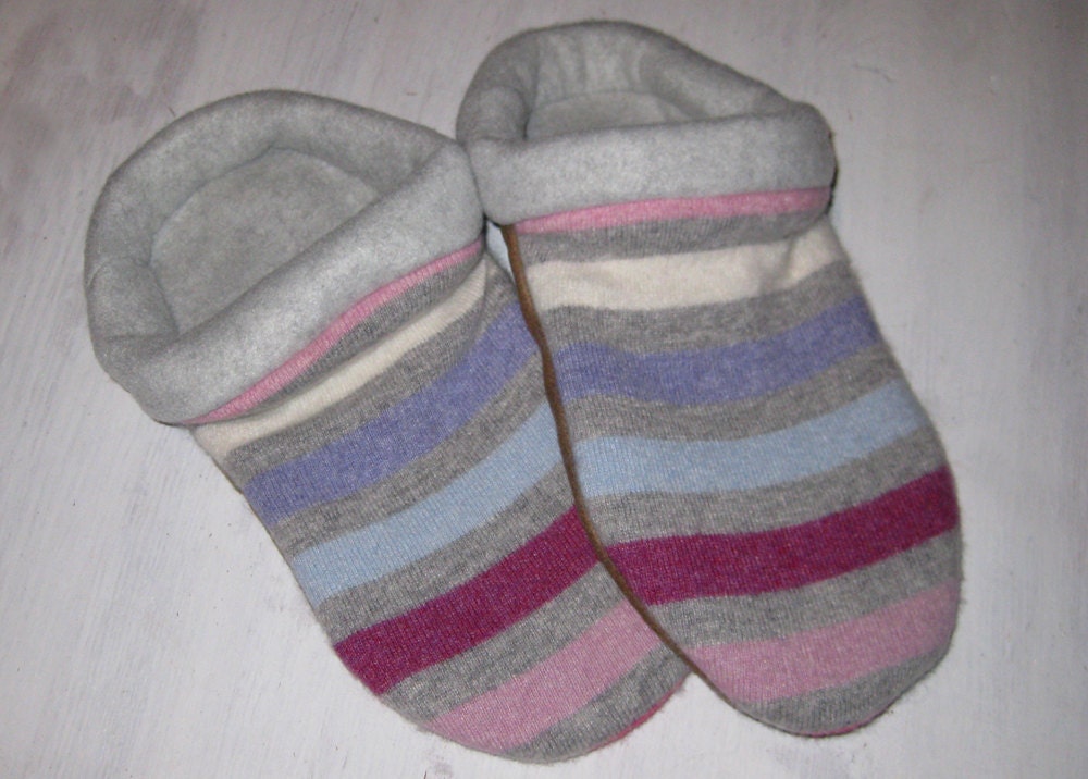 Soft Pastel Fleece Lined Striped Sweater Slippers - W 8