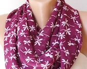 Infinity Scarf Loop Scarf Circle Scarf Cowl Scarf flower handmade from white and plum purple chiffon