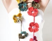 SALE - Flower Scarf, Handmade Crochet , Green, pink, saffron, dark red, brown mix tones, Flower Lariat, Scarf, Necklace