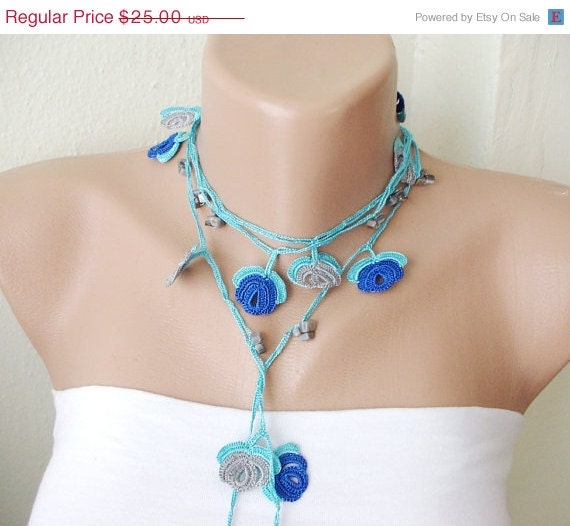 SALE - Blue, grey tones, neon blue and grey bead flower Necklace, Lariat, Bracelet - Turkish lace Work-OOAK