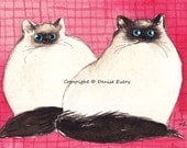 Himalayan Kitties Cherry Pink Plaid Sealpoint Longhair Cat Art ACEO Original Watercolor Miniature Painting