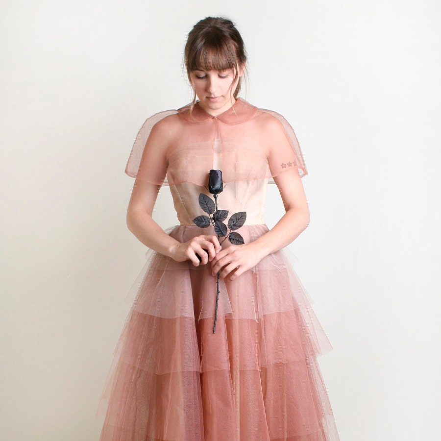 1950s Prom Dress - Vintage Ombre Wedding Gown in Peach and Cocoa Brown - Medium