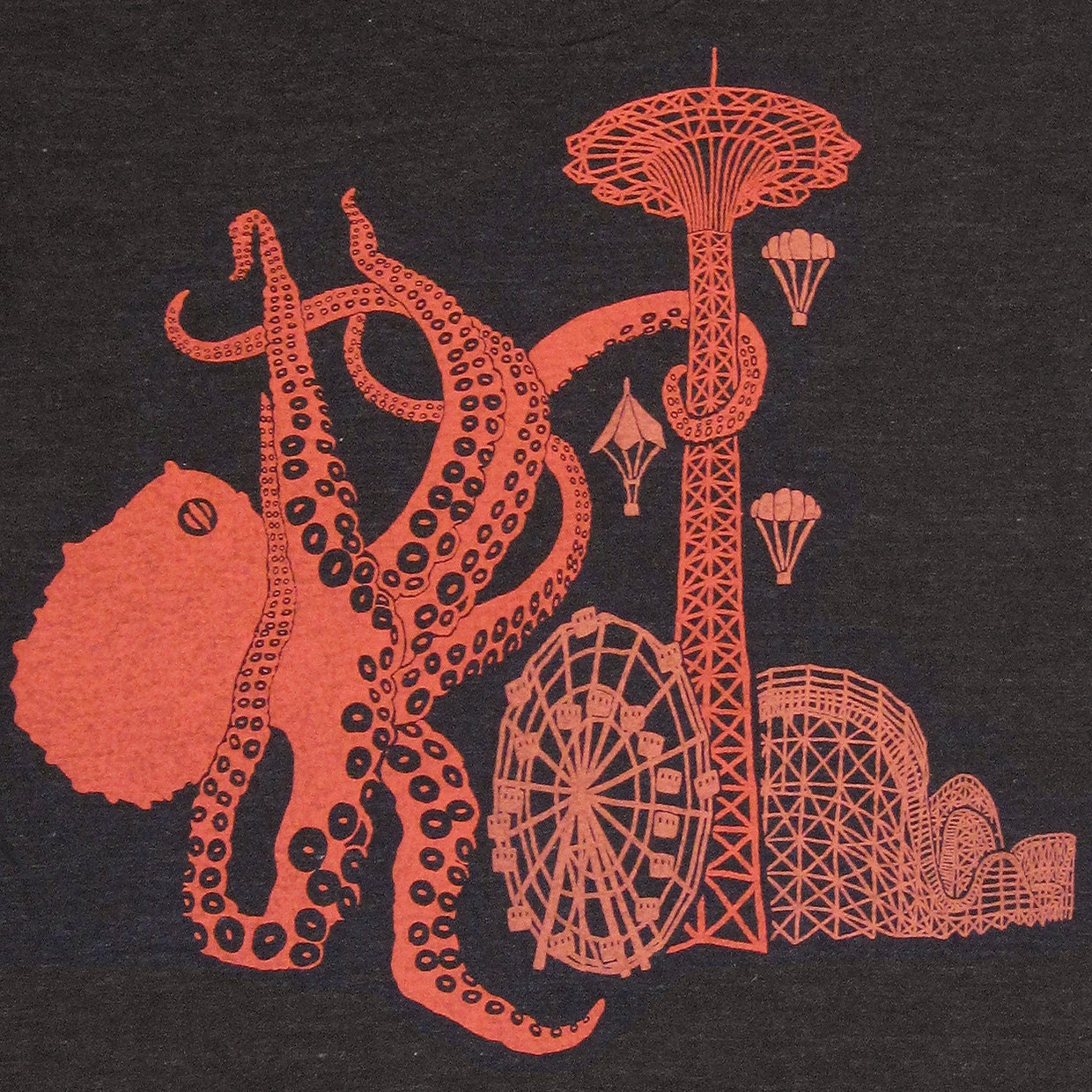 Coney Island Octopus - Unisex Mens T-Shirt Brooklyn New York Awesome Carnival Kraken Monster Giant NYC Squid Tee Shirt Black Charcoal Tshirt