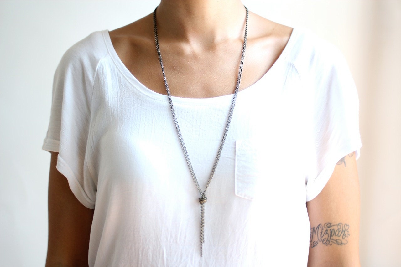 Minimalist Knotted Necklace - Layered Bohemian - Vintage Oxidized Brass