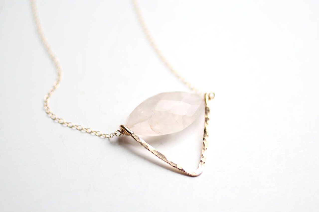 Rose Quartz Stone Hammered Triangle Necklace - Faceted Gemstone on 14k Gold Fill