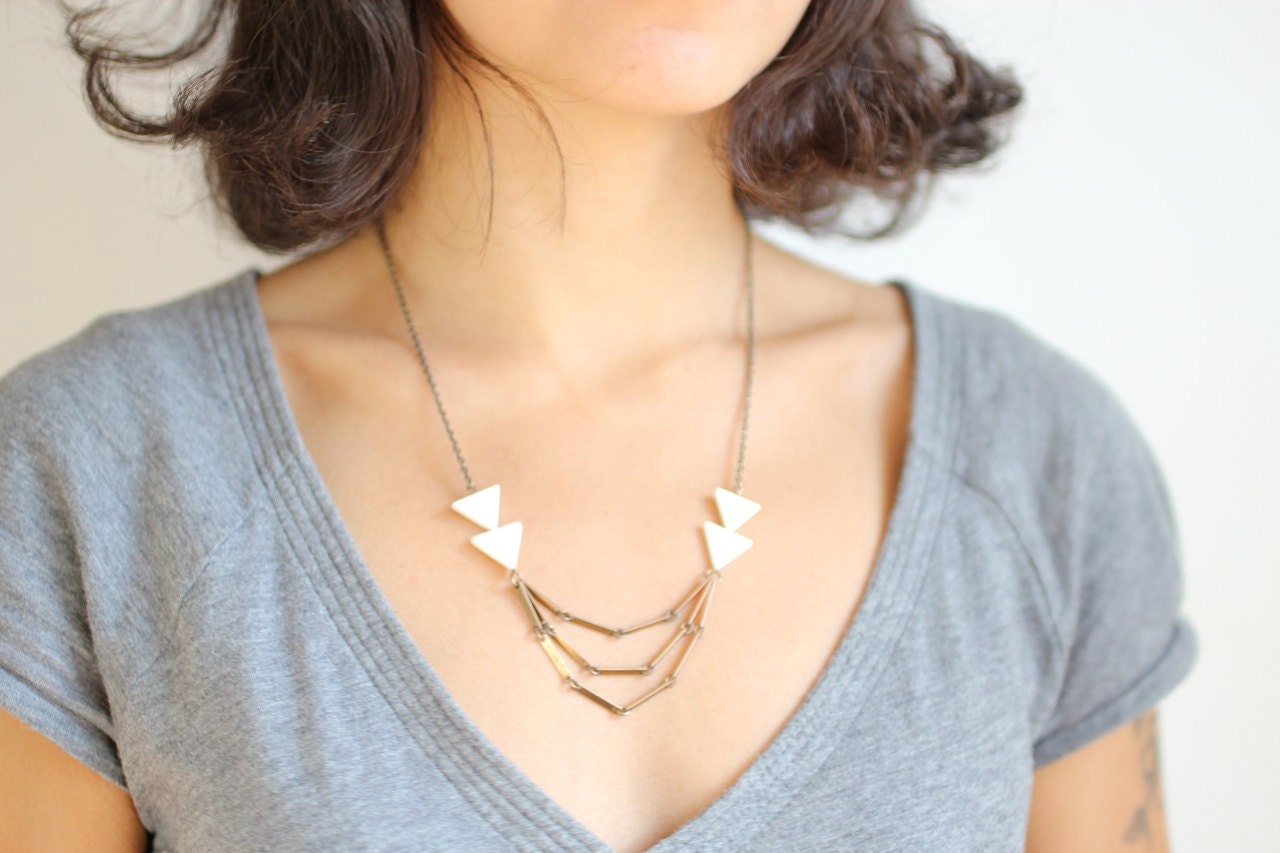 Triangle Mother of Pearl Vintage Layered Chain Necklace on Antiqued Brass Chain