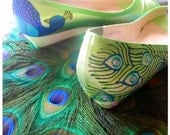 Wedding Shoes lime green peacock feather wedge custom painting