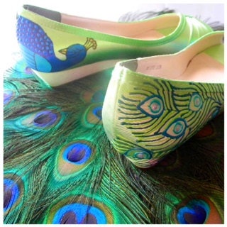 Wedding Shoes lime green peacock feather wedge custom painting
