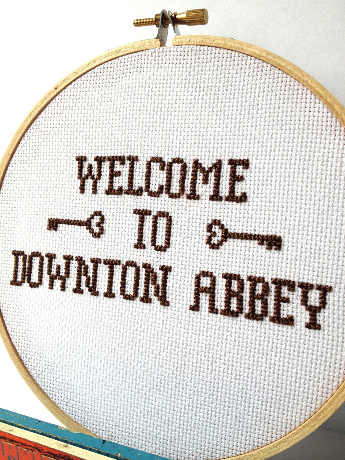 Downton Abbey Embroidered Hoop Art.  Welcome to Downton Abbey cross stitch.  Television quote embroidered hoop art. Ready to ship