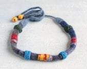 fiber  art  jewelry  -  beaded textile necklace - blue red - crochet  fabric beads