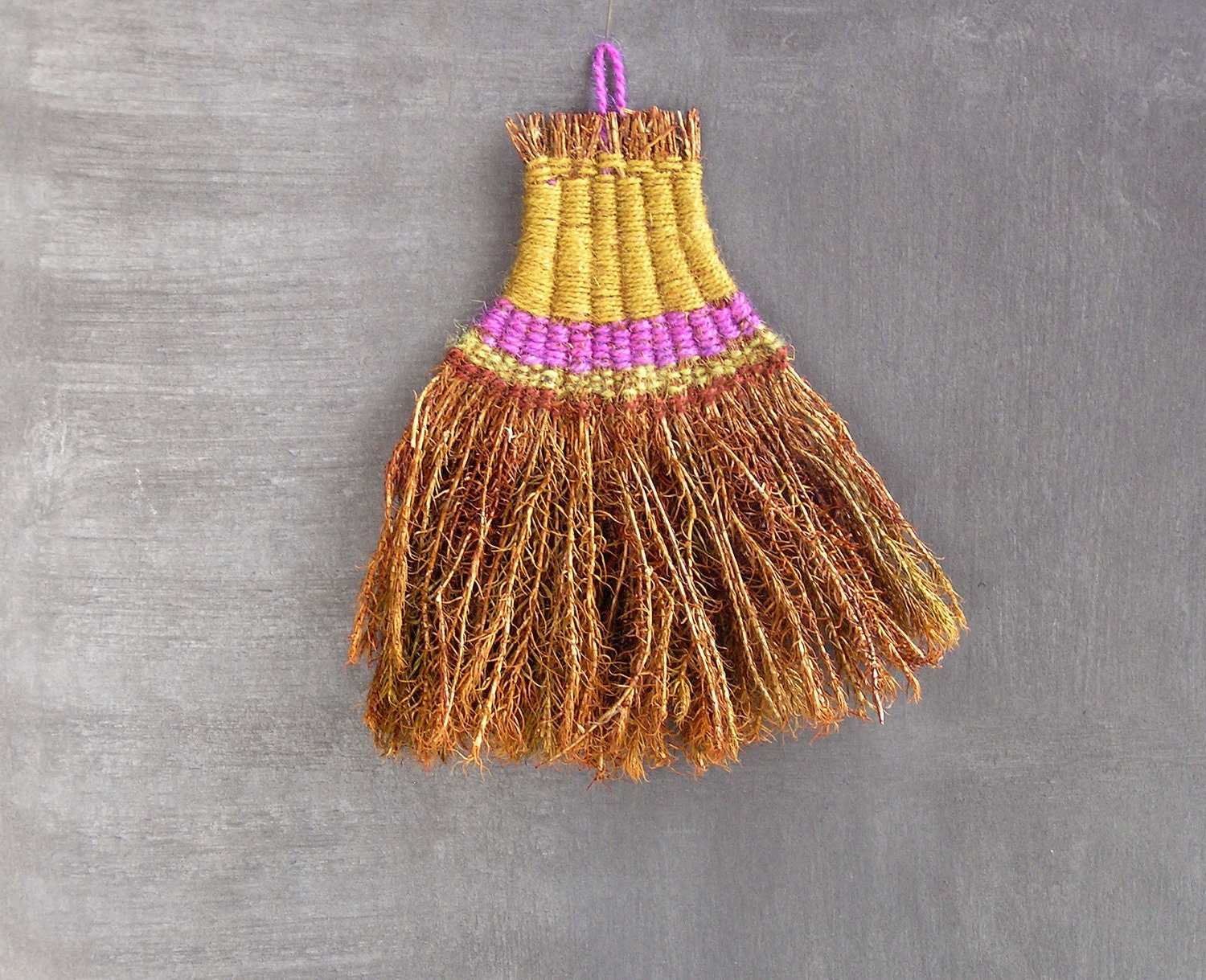 kitchen wall decor -  whisk broom - nature eco decor - striped in mustard lilac color