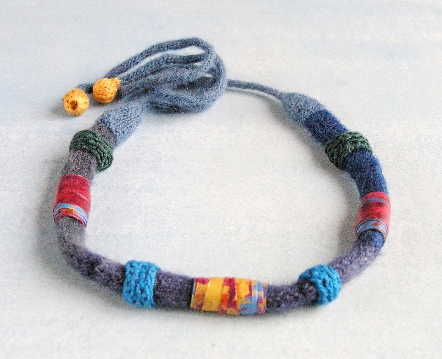 fiber  art  jewelry  -  beaded textile necklace - blue red - crochet  fabric beads