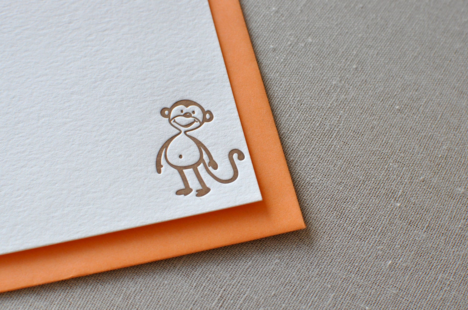 Letterpress monkey cards, set of six, flat cards and envelopes