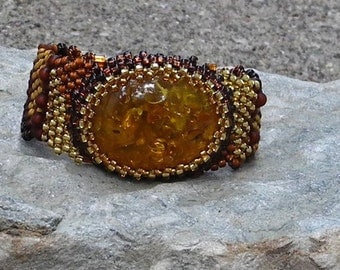 Free Form Peyote Stitch Beaded Bracelet Beaded Cuff Beaded Cabochon - Bead Weaving - Golden Day