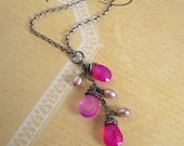 Pink Chalcedony Lavender Pearl Cluster Necklace, Oxidized Sterling Silver