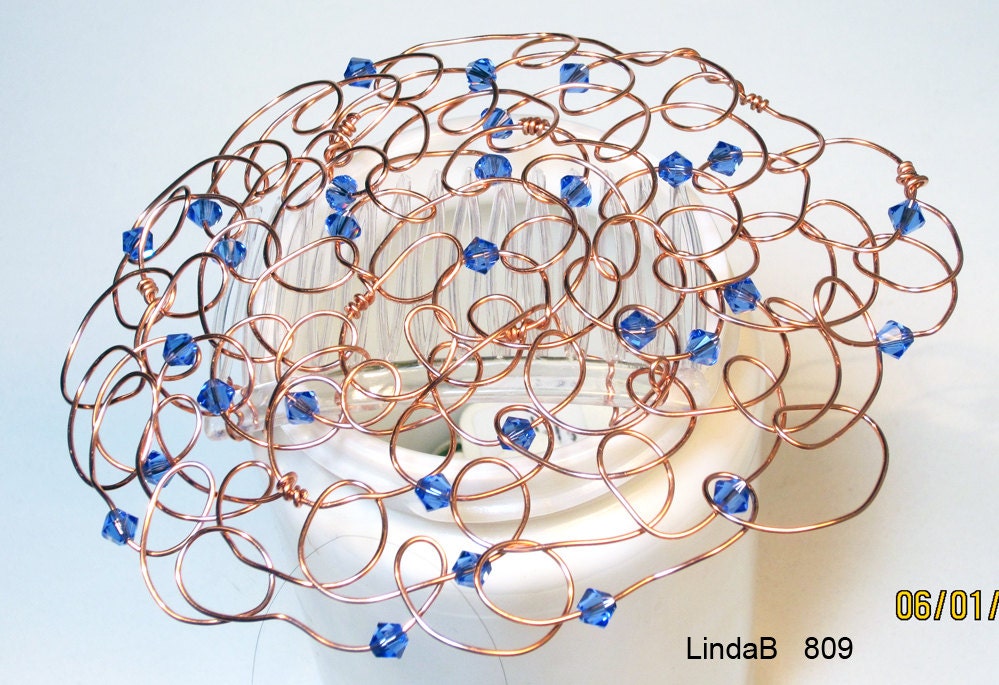 Jewish Women Beaded Kippah Copper Wire and Blue Swarovski Crystals 4.5"