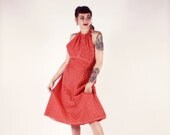 70s BACKLESS Dress - Halter Top with Peep Hole - Red with Polka Dots - MED