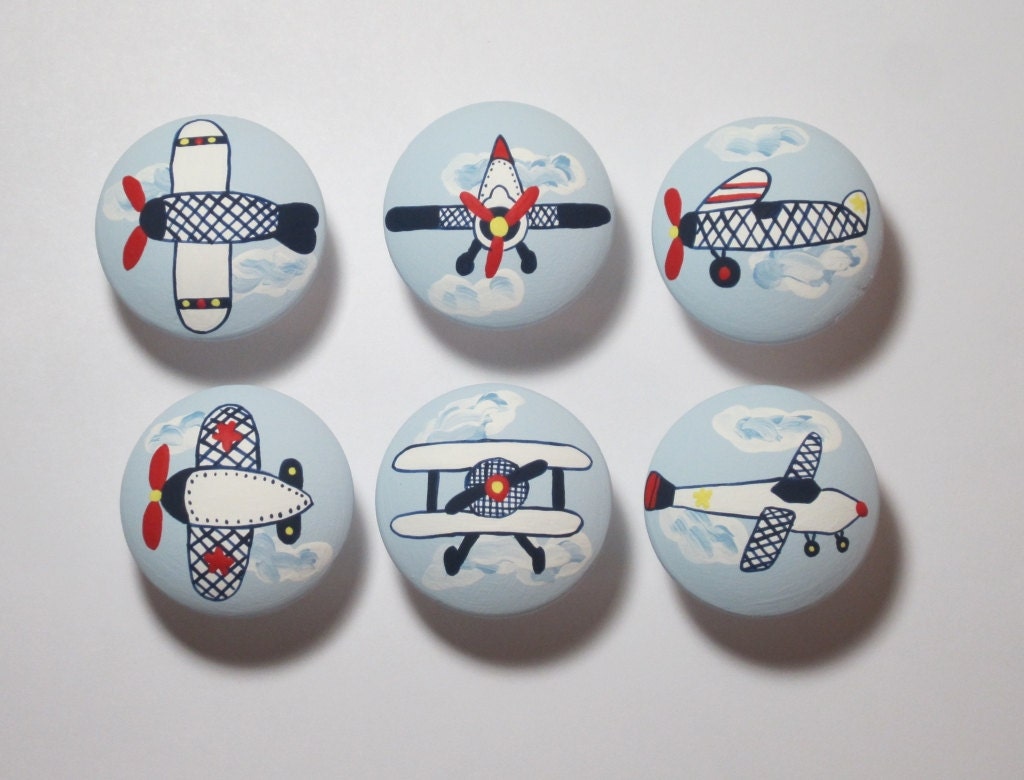 Airplane plane nursery decor hand painted drawer pull knob knobs