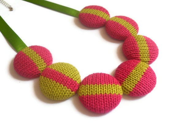 Large Knitted Cotton Necklace Stripe - Pink and Lime (Free UK Shipping)