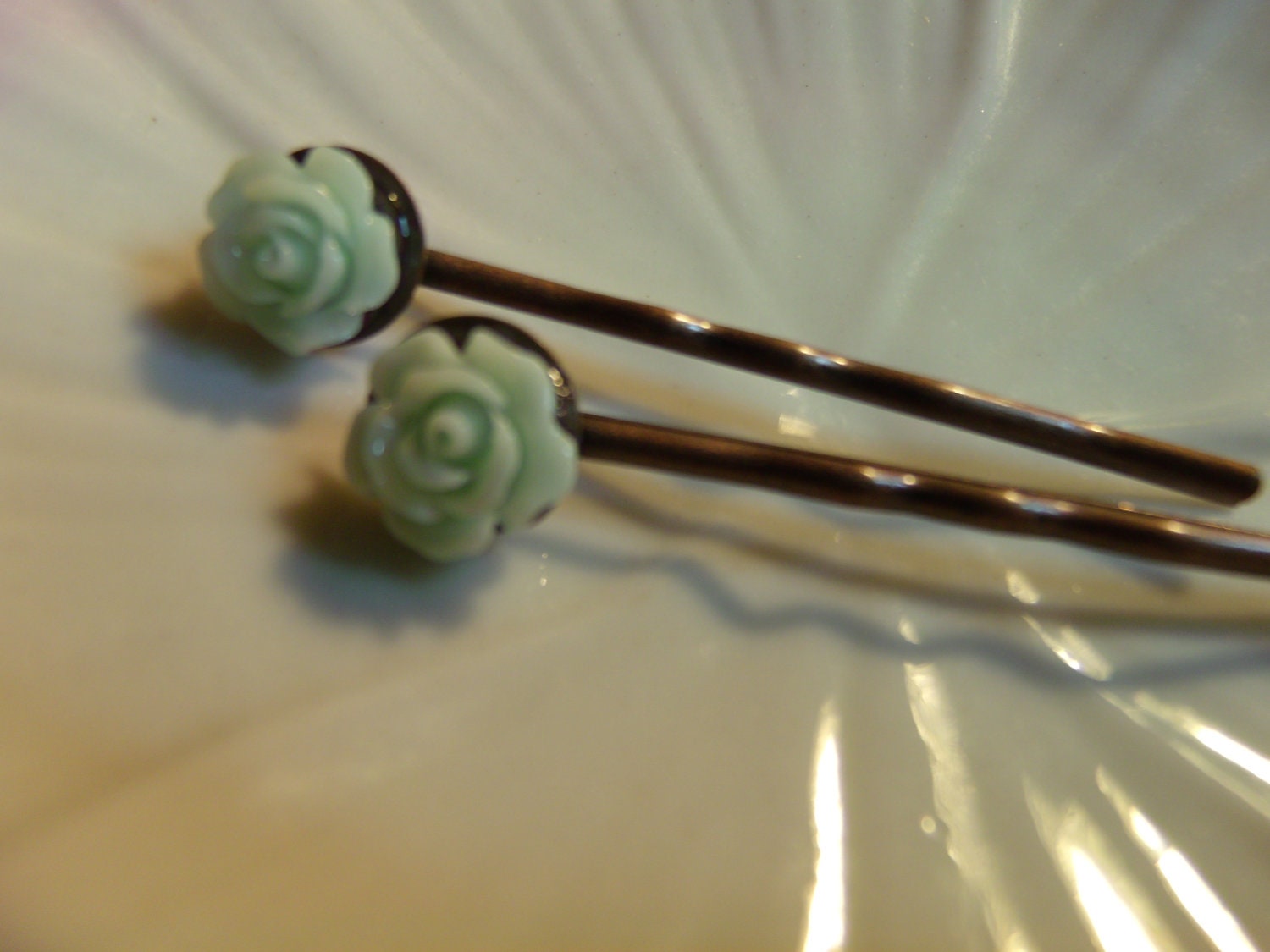 Two Vintage Style Brass Bobby Pins with Pale Turquoise Rose Flowers