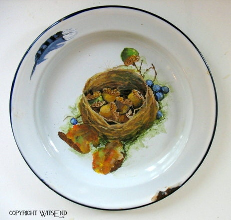 Autumn Nest painting on antique enamelware plate with acorns leaves and feather