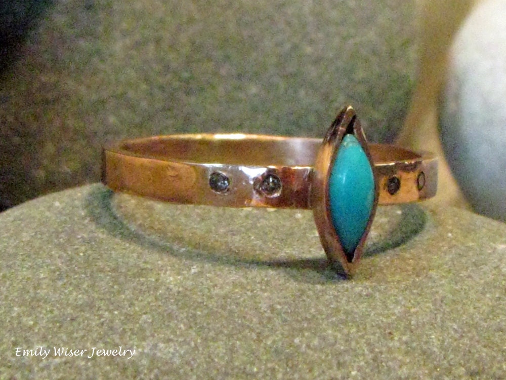Turquoise, Diamond Rustic Engagement Ring. Rose Gold, Marquise