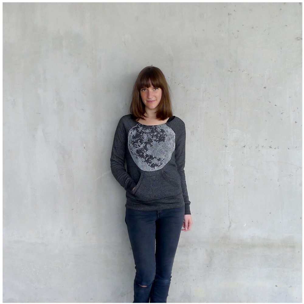 Womens sweatshirt - fall fashion - full moon print on Alternative Apparel heather black eco-fleece pullover - S/M/L/XL
