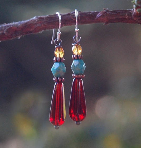 Red Teardrop Earrings, Turquoise, Gift for Her, Valentine