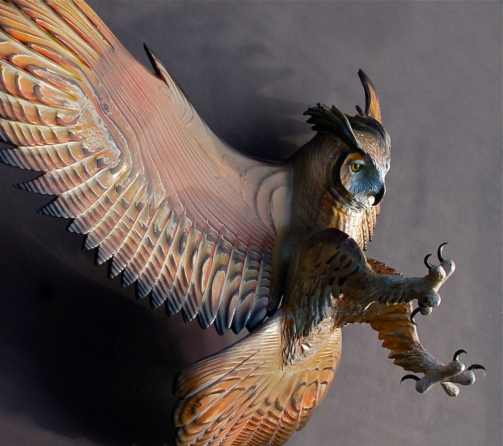 Owl Wood Sculpture Attacking Pose Jason Tennant
