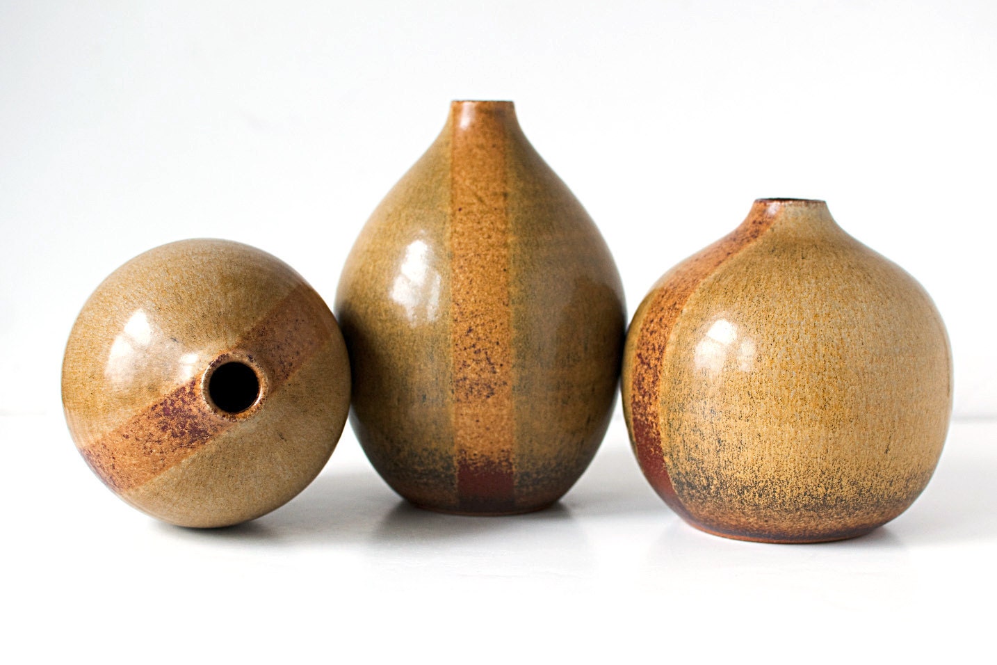 TRIO of Bottles. Olive Green with Rust Red Striped Bottles, Stoneware Clay