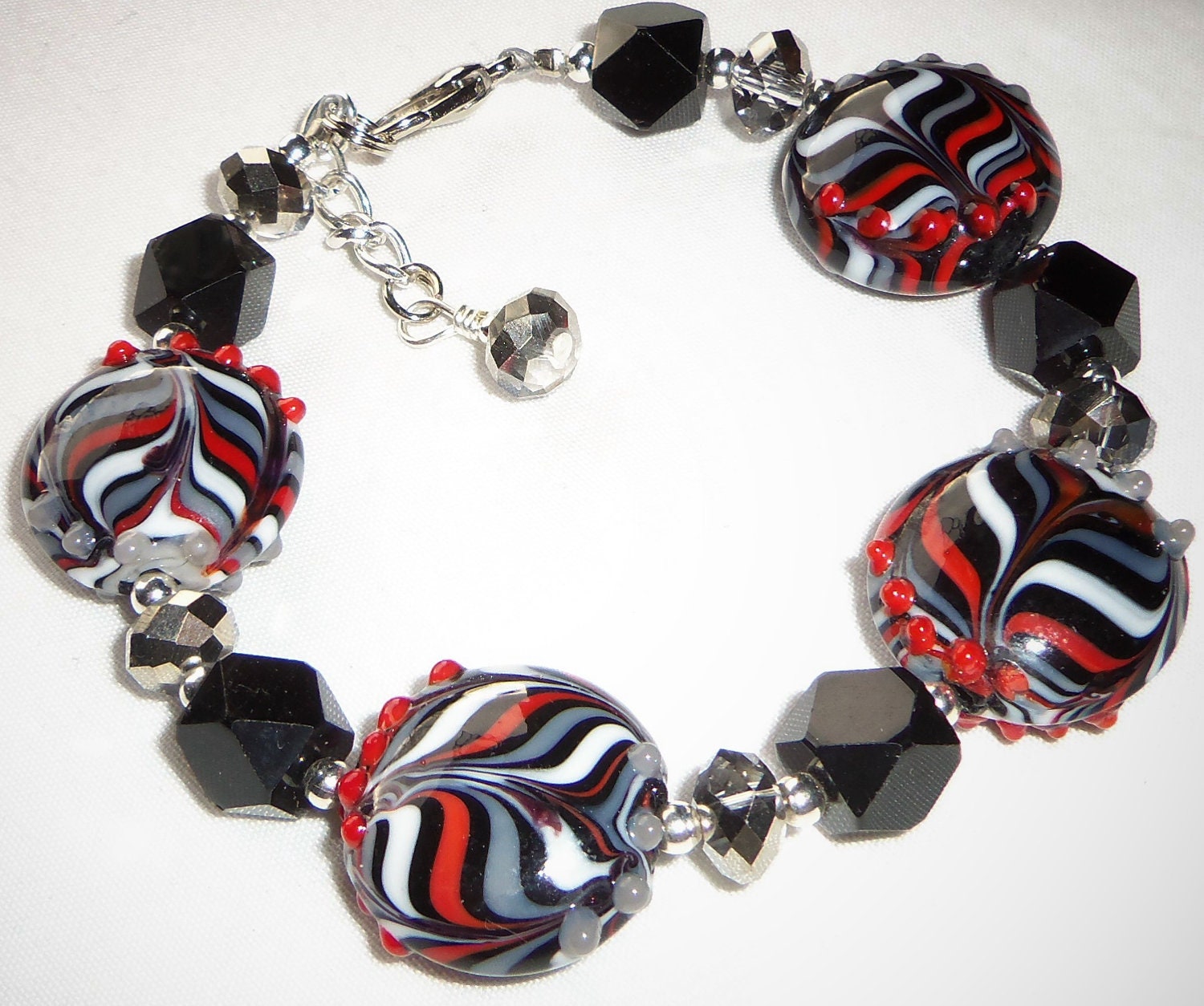 BOGO SALE Beauitful Black, grey , red Lampwork beads Bracelet