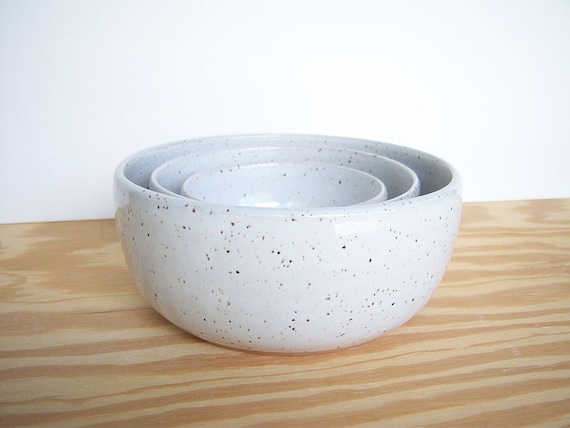 Stoneware Pottery Nesting Bowls in Glossy White Speckled Glaze