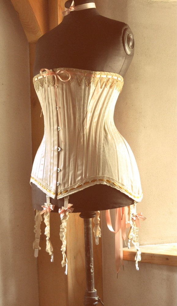 Edwardian Corset, Wedding Lingerie, Edwardian Clothing with Garters, Historical Costume, Peach