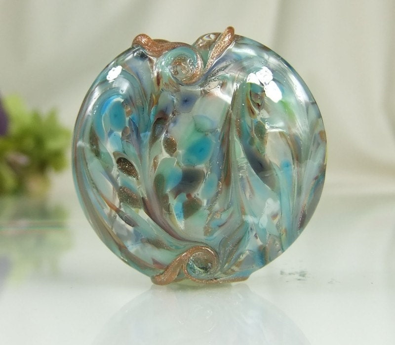 Glass Lampwork Focal Bead, Blues, Aqua,Goldstone